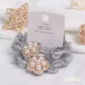 Silver grey mesh hair scrunchy with pearl flower, stylish elastic hair rope, 2 pcs carded set. - 5# Silver Grey