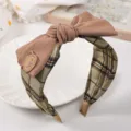Sweet brown bow headband with cute bear patch, French high crown plaid hair hoop for women. - Bow / Coffee