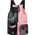 Pink mesh drawstring backpack, swim beach gym bag with water bottle pocket and wet storage. - Pink