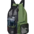 Green mesh drawstring backpack with wet pocket, ideal for beach, gym, and sports gear. - Green