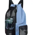 Light blue mesh drawstring swim backpack with wet pocket and water bottle holder for gym fitness. - Blue