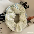 Creamy striped hair scrunchie with blue piping and cute bear tag for sweet styling. - 5# Yellow
