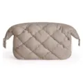 Quilted puffer cosmetic bag detail, soft cloud pouch zipper closure, travel makeup organizer. - Camel