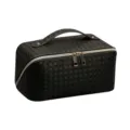 Black woven cosmetic bag large capacity portable travel makeup organizer pouch with handle. - Black