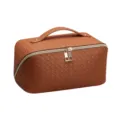 Brown woven cosmetic bag with double zipper and top handle for travel and daily storage. - Mocha Brown
