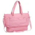 Pink travel duffel bag detail, large capacity gym bag with bottom compartment and shoulder strap. - Pink