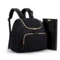 Black quilted diaper backpack with gold zippers and portable changing pad for modern mothers. - Black