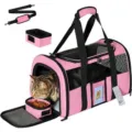 Pink foldable pet cat carrier bag with breathable mesh, shoulder strap and bowl SKU - Pink / Pink