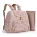 Multi-functional pink mommy backpack with changing mat, stylish woven design travel baby bag. - Pink