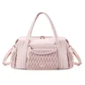 Pink quilted travel duffel bag with stylish braided front pocket detail for women fitness workout. - Lotus Pink
