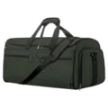 Detail view of a dark green travel duffel bag, versatile convertible garment and business overnight bag. - Green