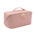 Pink woven cosmetic bag with gold zipper, large capacity portable makeup organizer case. - Pink