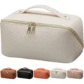 Large capacity woven cosmetic bag with double zipper and portable handle for daily travel use. - Off White