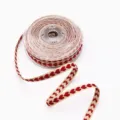 Yarn-dyed red heart embroidered beige fabric ribbon spool for wedding gift wrapping and DIY crafts. - Red