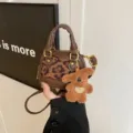Kids Mini Leopard Shell Bag Cute Plush Bear Pendant Stylish Crossbody Bag Brown Color - Leopard Print With Pendant