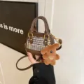 Mini houndstooth shell crossbody bag for kids with cute plush dog pendant charm stylish. - Houndstooth Style / 11.5x9.5x6cm / Coffee Plaid With Pendant