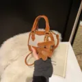 Kids stylish mini shell crossbody bag, contrast design with cute bear pendant for girls. - Brown Beige With Pendant