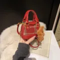 Cute mini shell crossbody bag for kids, stylish plaid fabric shoulder purse with teddy bear. - Red Plaid With Pendant