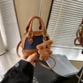 Kids Mini Denim Shell Bag Contrast PU Leather Crossbody Purse Cute Bear Pendant Chic - Denim Patchwork Style / 11.5x9.5x6cm / Denim With Pendant