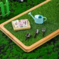 Dollhouse miniature gardening tool set details, mini plant watering can and tiny tools. - Flower Seeds Set / Green