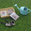 Detailed shot of dollhouse miniature gardening tool set with watering can and seed packets. - Vegetable Seeds Set / Green