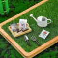Dollhouse miniature gardening tool set detail featuring tiny watering can, shovel, and seed packs. - Vegetable Seeds Set / Beige