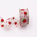 White sheer ribbon with red strawberry print and polka dots, 25mm wide for gift wrapping crafts. - White