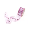 Pink organza ribbon roll with white purple butterfly and flower print, 25mm craft supply. - Rose Red
