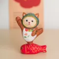 Wooden Cat Figurine Handcrafted Desktop Ornament Home Office Decor Cute Animal Statue - Stepping Fish 1
