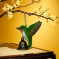 Handmade wooden hummingbird hanging ornament desktop wooden carving craft with bell for home decor. - Hummingbird with Bell / Dark Green