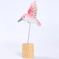 Handmade wooden hummingbird figurine desktop ornament creative gift pink wood carving decor - Hummingbird with Tree Stump / Pink