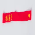 Rotes besticktes Stoffband Detail, dekoratives DIY Webband mit chinesischem Text und Herz. - Stolz und Erleichtert