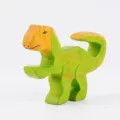 Handgemaakte houten dinosaurus speelgoedfiguur, groen en oranje geschilderd dierendecor bureauornament. - Dinosauriër 1