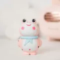 Handcrafted wooden frog figurine with blue scarf, cute pink desk decor, creative gift. - Colorful Pink Frog