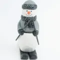 Handcrafted wooden Christmas snowman figurine ski ornament for holiday tabletop decoration - Snowman in Grey Clothes