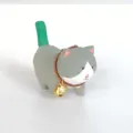 Hand-carved wooden cat figurine with a cute bell and green tail for office desk decor. - Cat Style 7