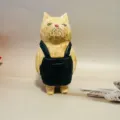 Handmade carved wooden cat figurine, cute rustic animal ornament for home desktop decor. - Female Cat in Blue Overalls