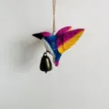 Adorno colgante de colibrí de madera hecho a mano con campana para jardín y decoración - Colibrí amarillo con cascabel