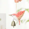 Handmade wooden hummingbird hanging ornament with retro bronze bell, pink carved bird decor. - Pink Hummingbird with Bell