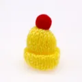 Mini knitted hat with red pom pom, cute tiny wool beanie for DIY hair clips and craft accessories. - Yellow