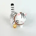 Handmade wooden carved cat figurine desktop ornament with leather collar and gold bell. - Cat 9