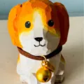 Handmade wooden carved dog figurine desk ornament with cute collar and bell, solid wood craft. - Dog