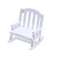 Detail shot of a white miniature wooden rocking chair, perfect for dollhouse decor. - White
