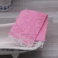 Dollhouse miniature pink towel with white lace trim for bathroom doll furniture decor. - Pink