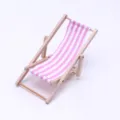 Mini wooden beach chair model dollhouse miniature pink white striped outdoor recliner decor - Pink
