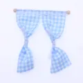 Dollhouse miniature blue white checkered curtain with wooden rod and lace trim for DIY decor. - Blue