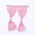 Miniature pink gingham dollhouse curtain with lace trim and wooden rod for photography props. - Korean Pink