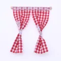 Miniature dollhouse red white checkered curtain with lace trim wooden rod props 1pc - Red
