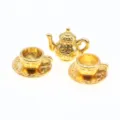 Miniature dollhouse gold metal teapot and teacups set simulation model detail view - Gold