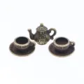 Dollhouse miniature metal tea cup and saucer set retro bronze teapot model decor - Bronze
